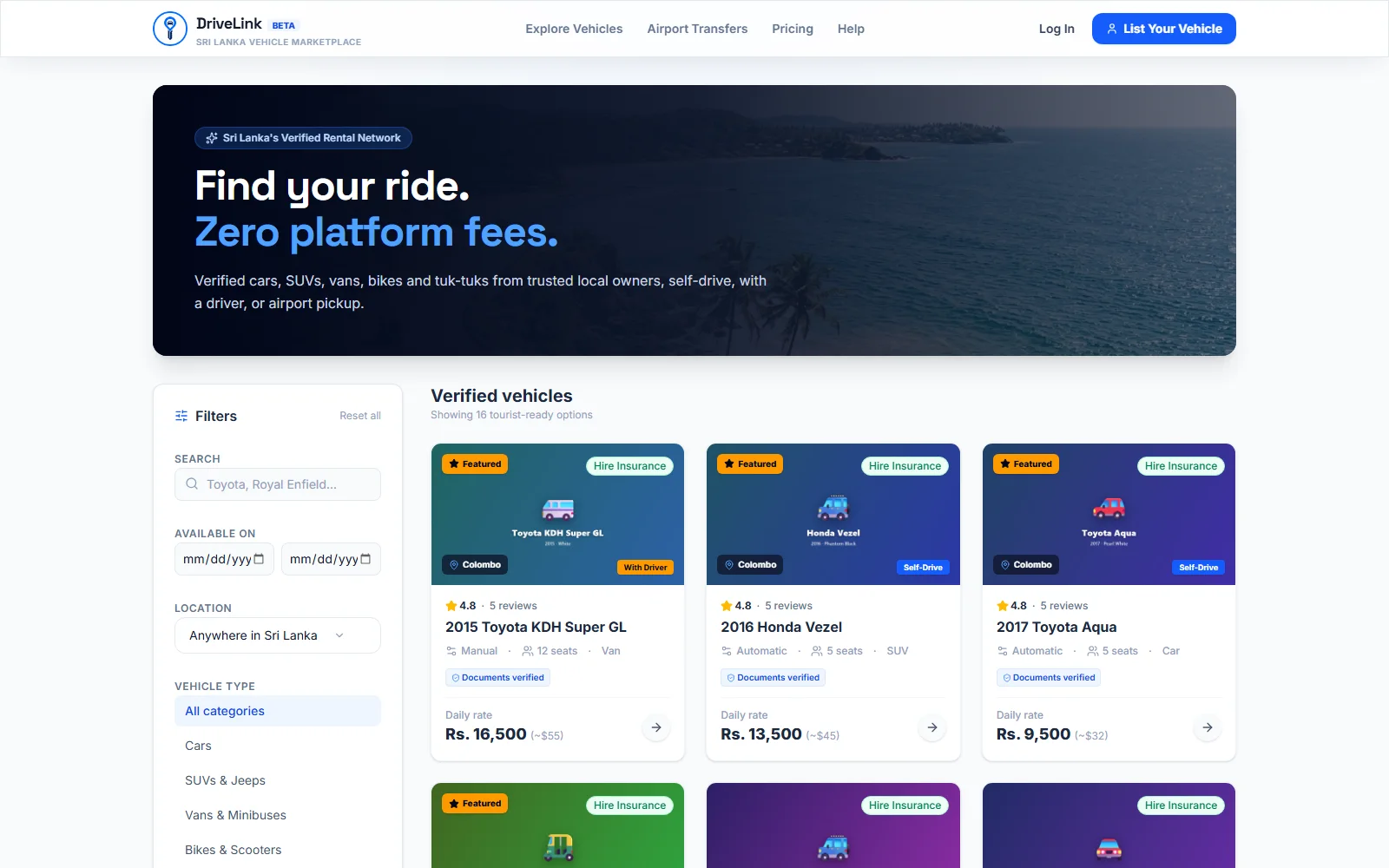 DriveLink vehicle search with rental listings, availability filters and daily rates
