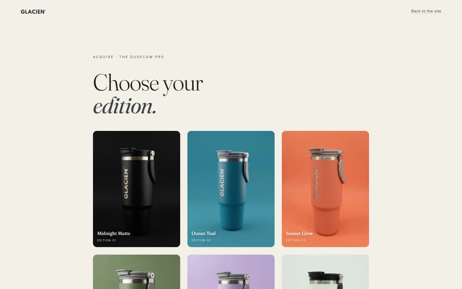 Glacien product selection experience with six drinkware colour editions