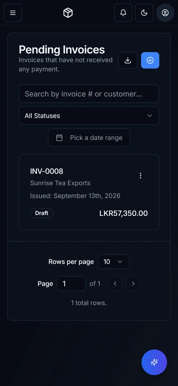 HascoMax's invoice register on a phone, showing a fabricated demonstration invoice