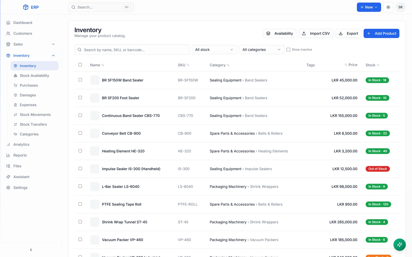 HascoMax inventory workspace with product codes, stock quantities and availability