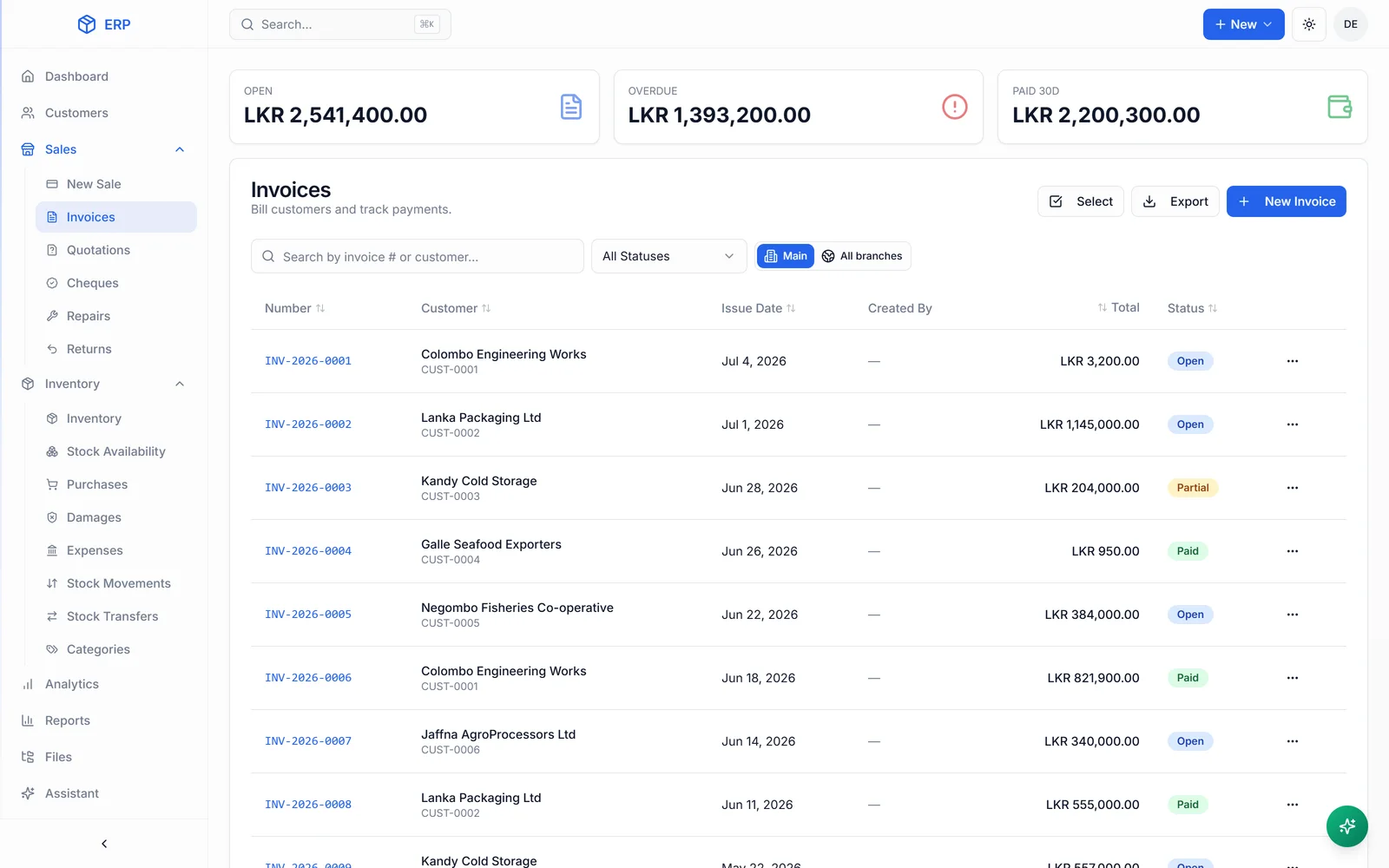 HascoMax invoice workspace with invoice status, payment information and customer records