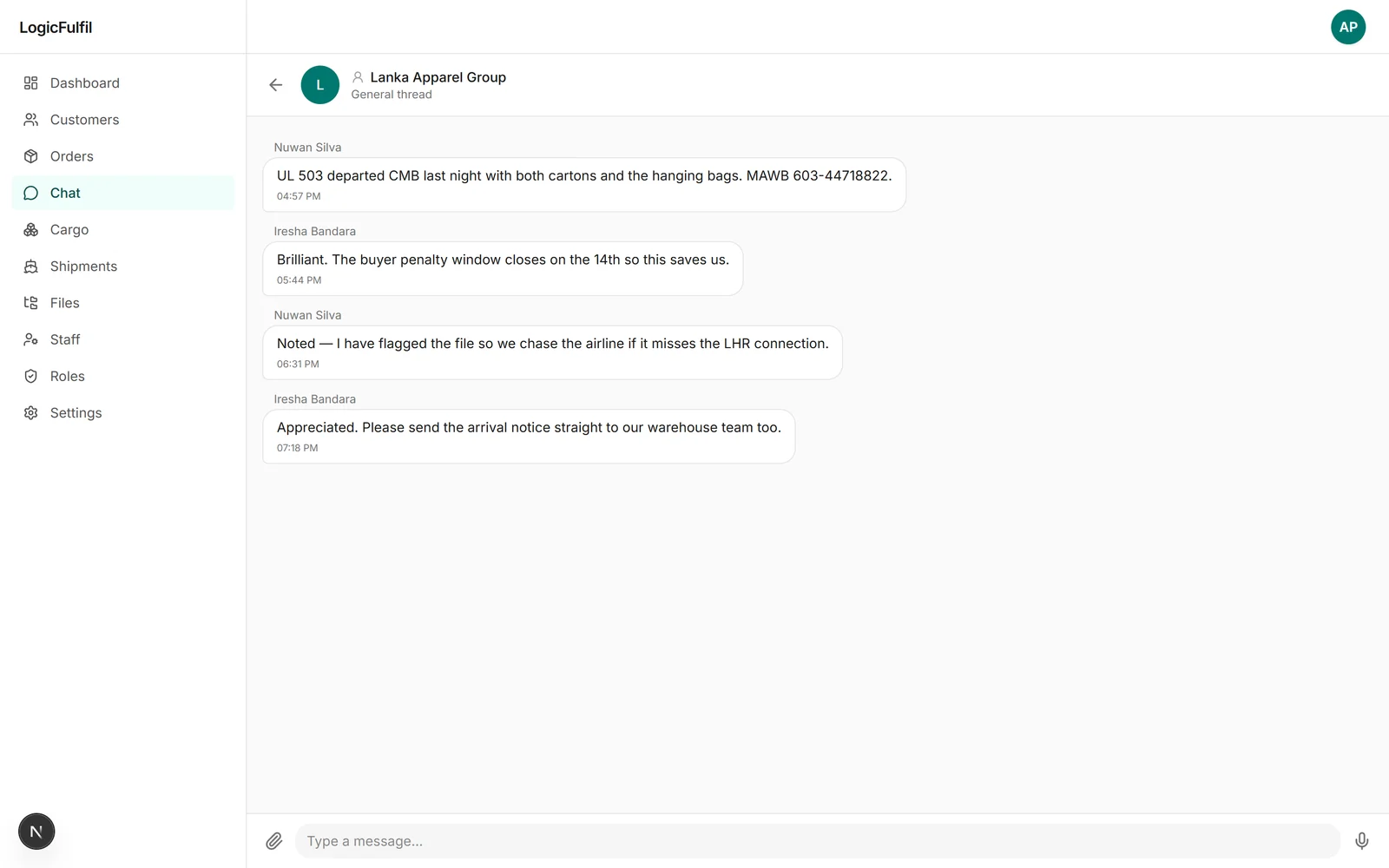 LogicFulfil staff and customer chat with demonstration freight updates