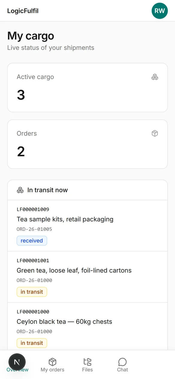 LogicFulfil customer portal on a phone showing cargo status with demonstration records