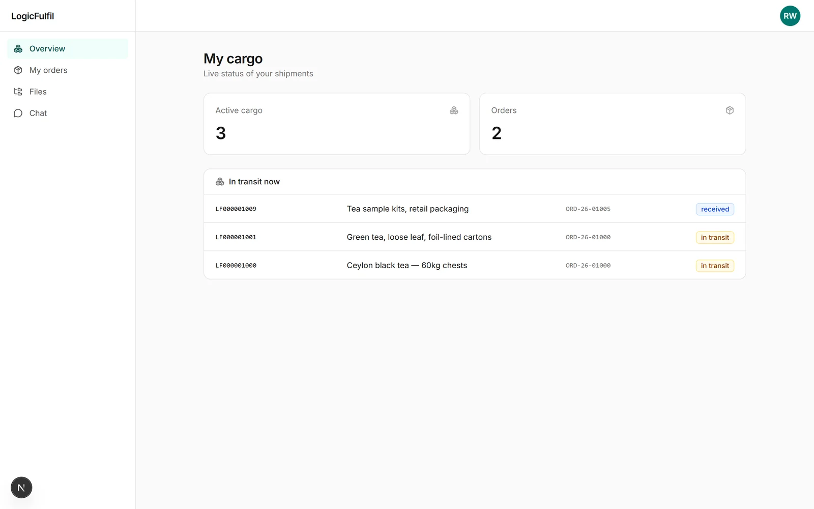 LogicFulfil customer portal showing that customer's orders and cargo in transit