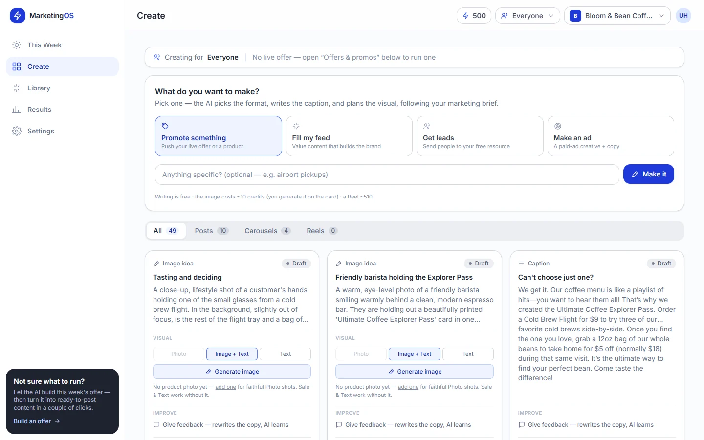 MarketingOS content workbench with promotional goals, image ideas and caption drafts