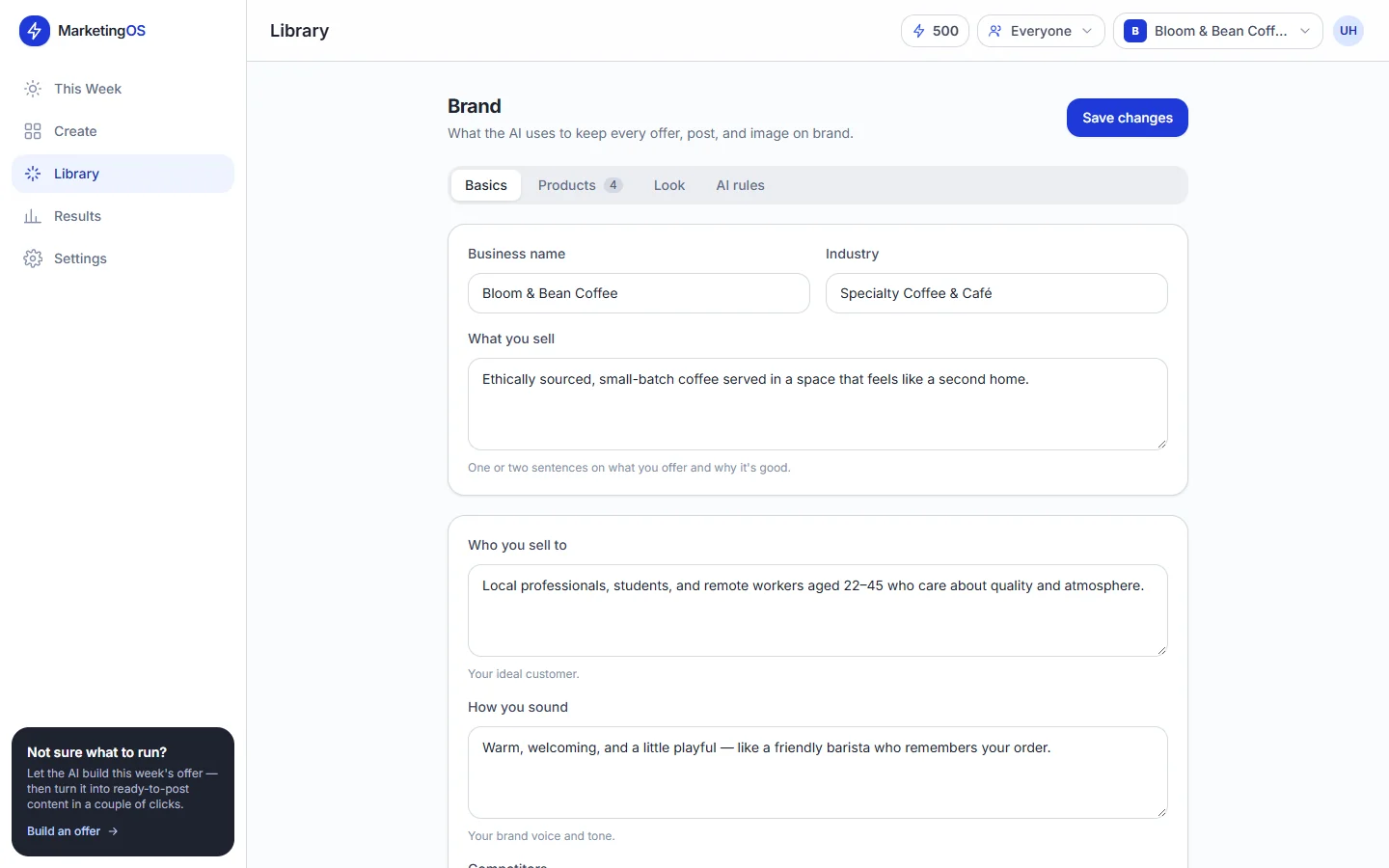 MarketingOS brand library containing audience, products and tone of voice for a demonstration coffee brand
