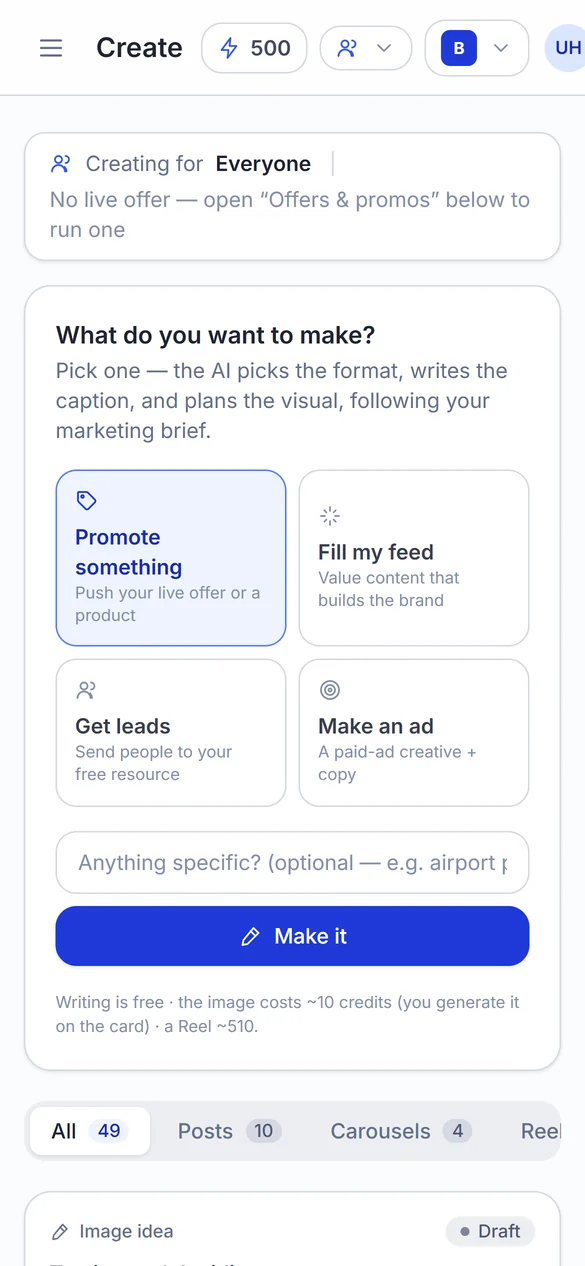 MarketingOS content creation choices on a phone