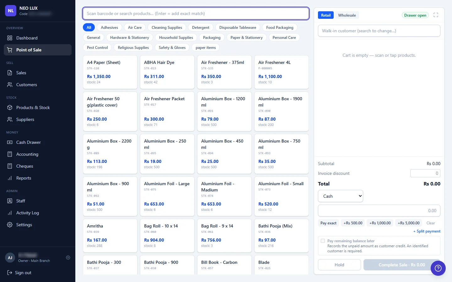 OriginPOS checkout screen