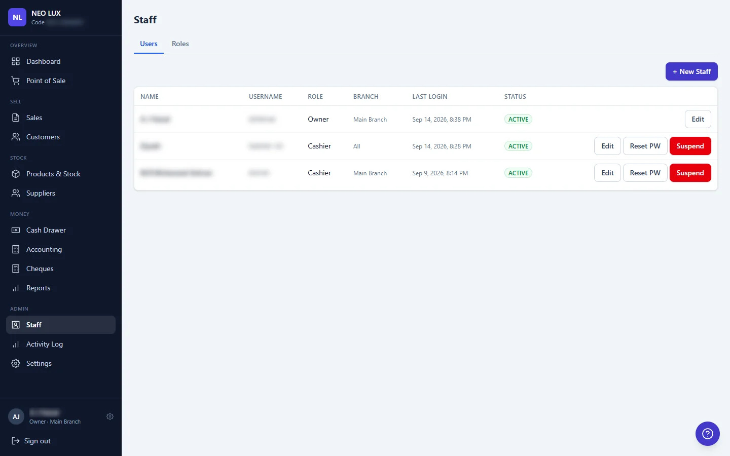 Origin POS staff access showing roles and assigned branches with personal details redacted